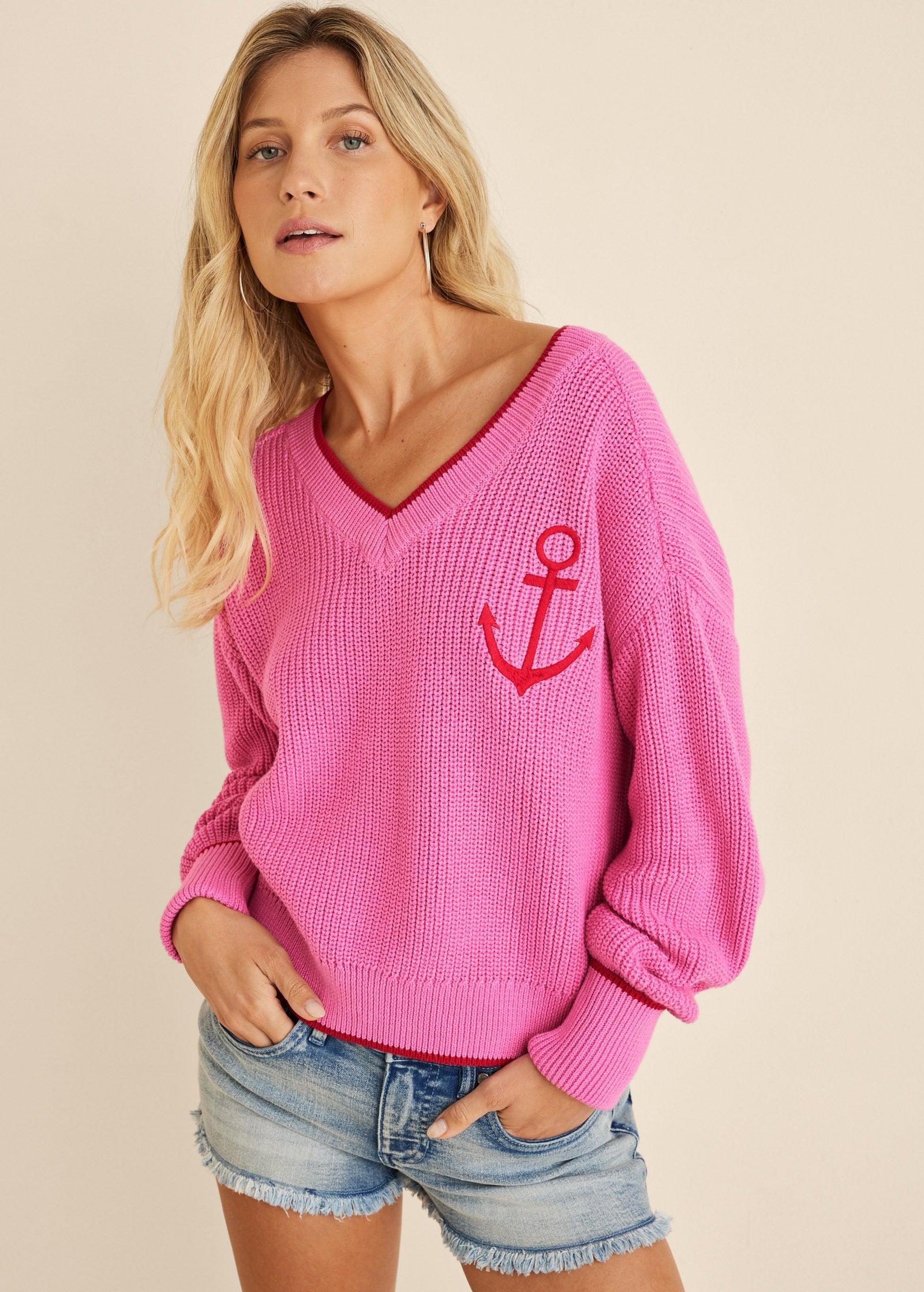 Anchor V-Neck Sweater - Hot Pink – Venus Fashion