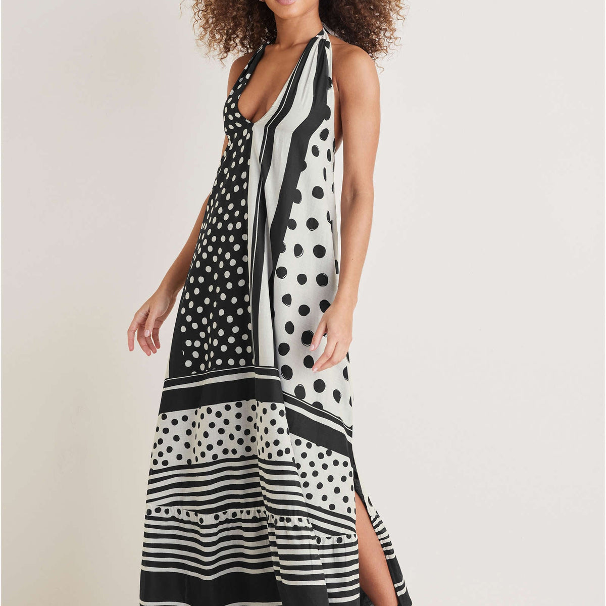 Deep V Halter Ruched Metal Trim Backless Maxi Dress