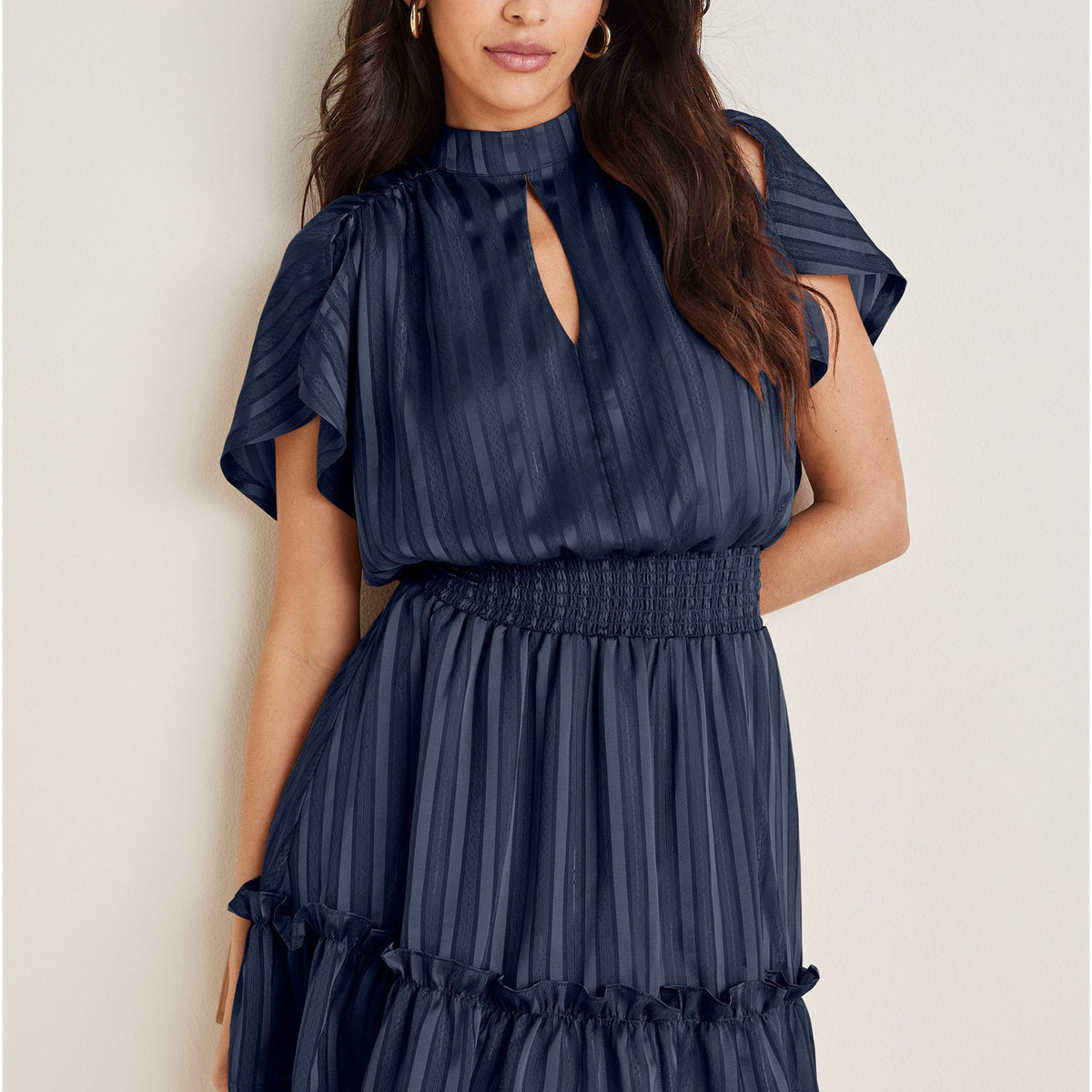 navy high neck midi dress Reiss Round Neck Ribbed Midi Dress in Navy