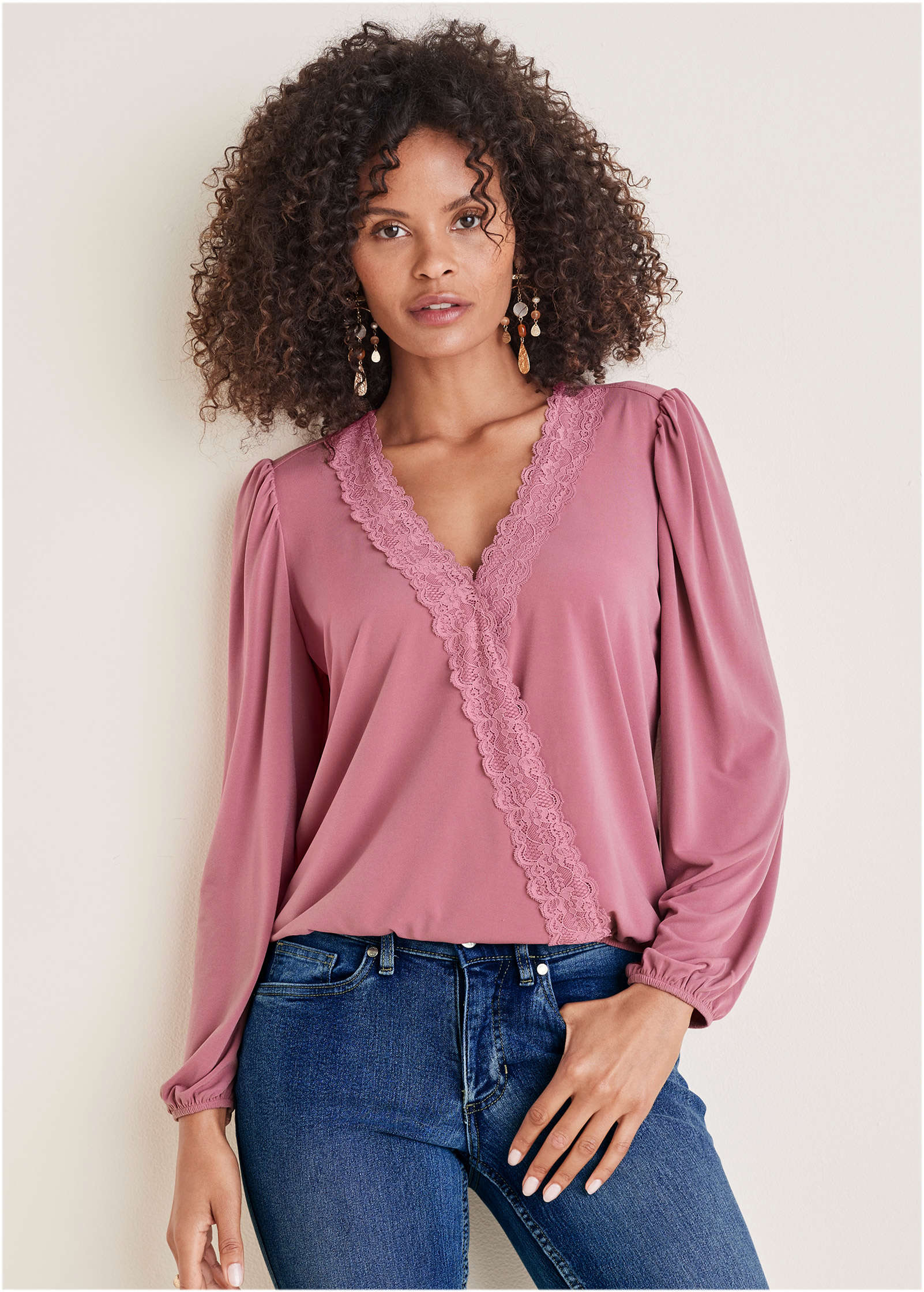 Faux Wrap Lace Trim Blouse - Heather Rose – VENUS
