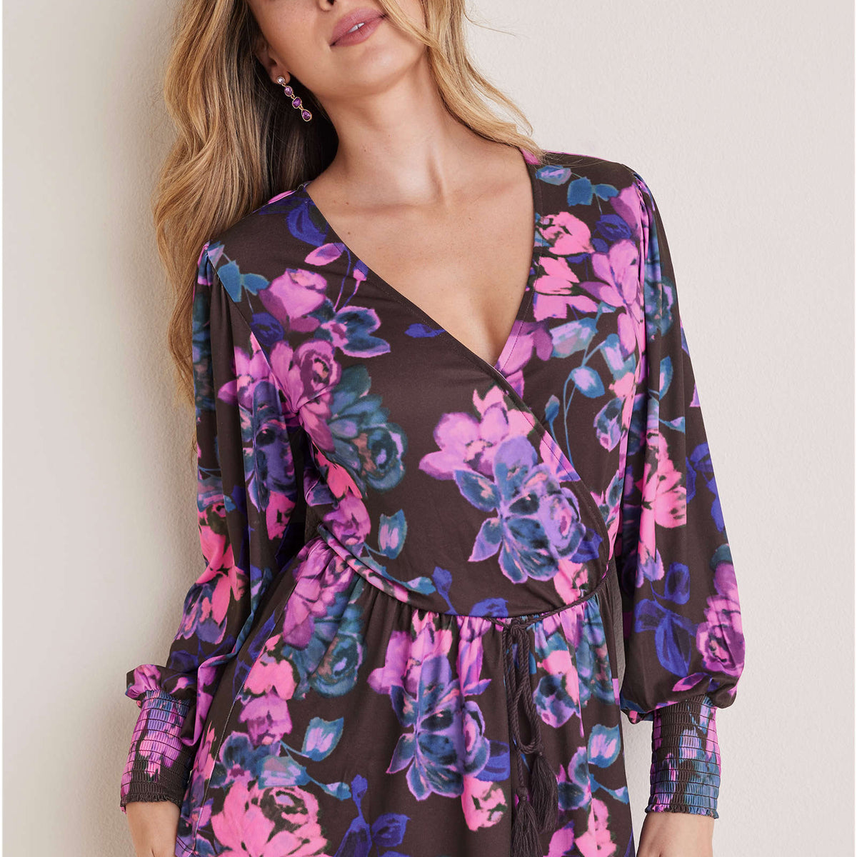 Balloon Sleeve Wrap Front Top - Electric Bouquet – VENUS