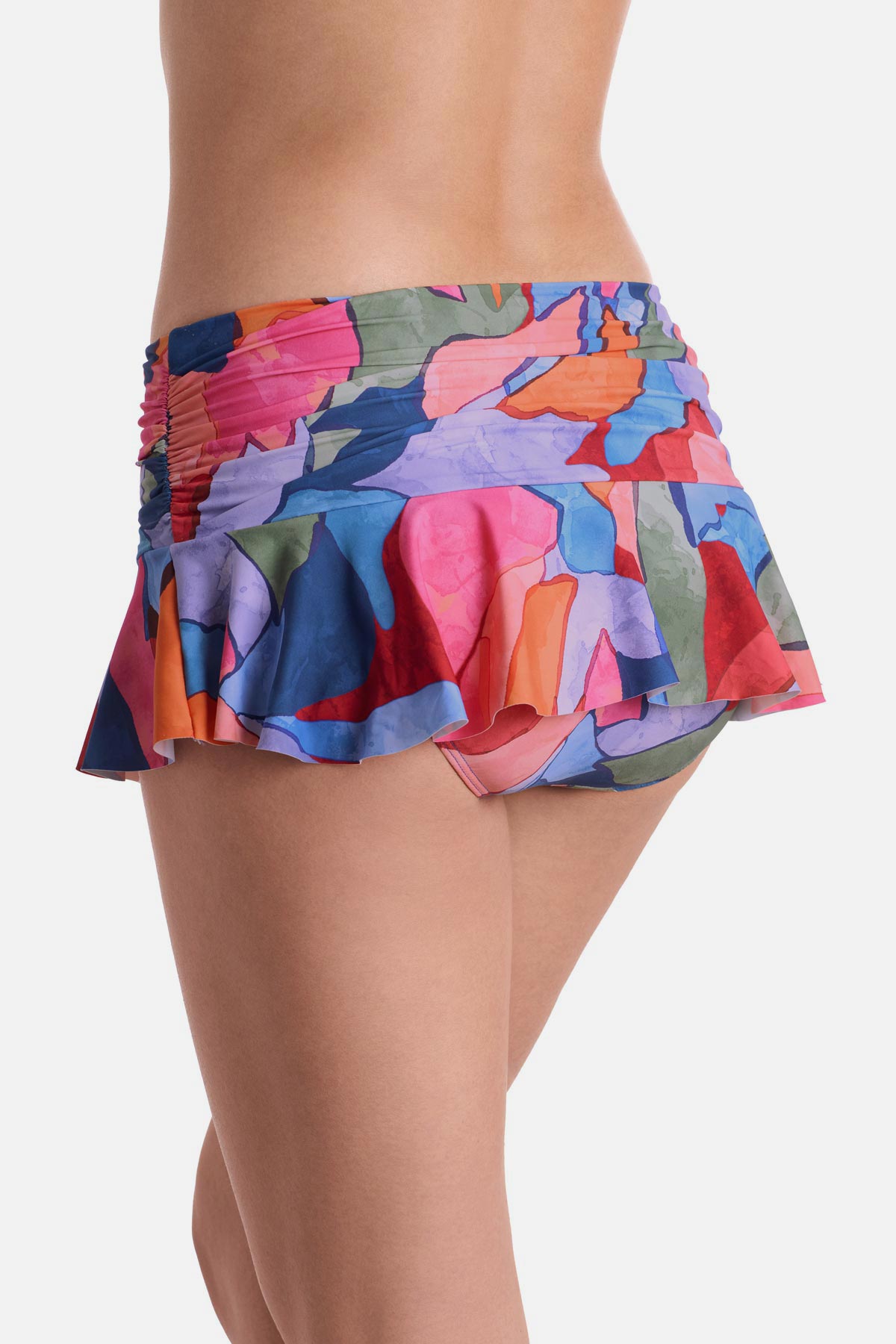 Back view of multicolored abstract skirted swim bottoms