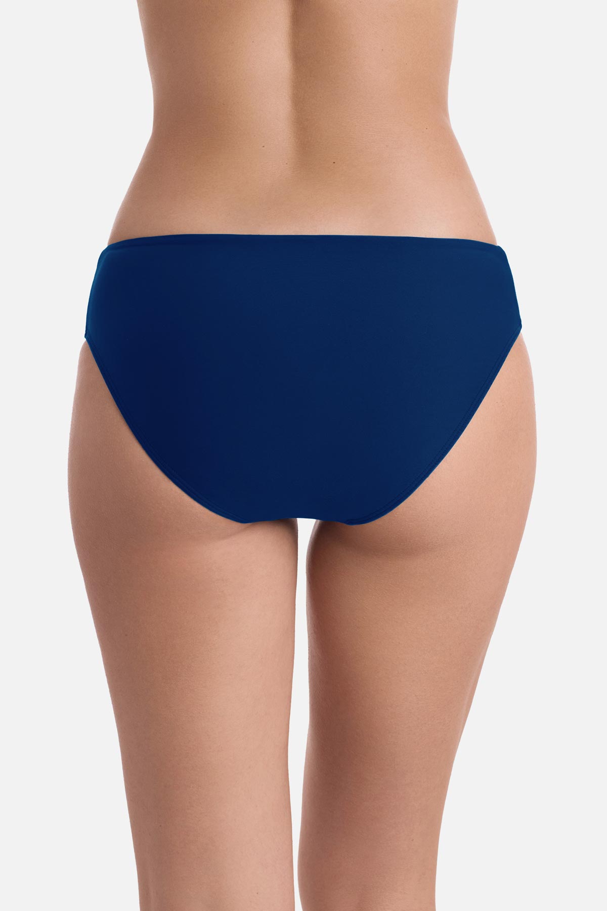 Back view of dark blue swim bottoms