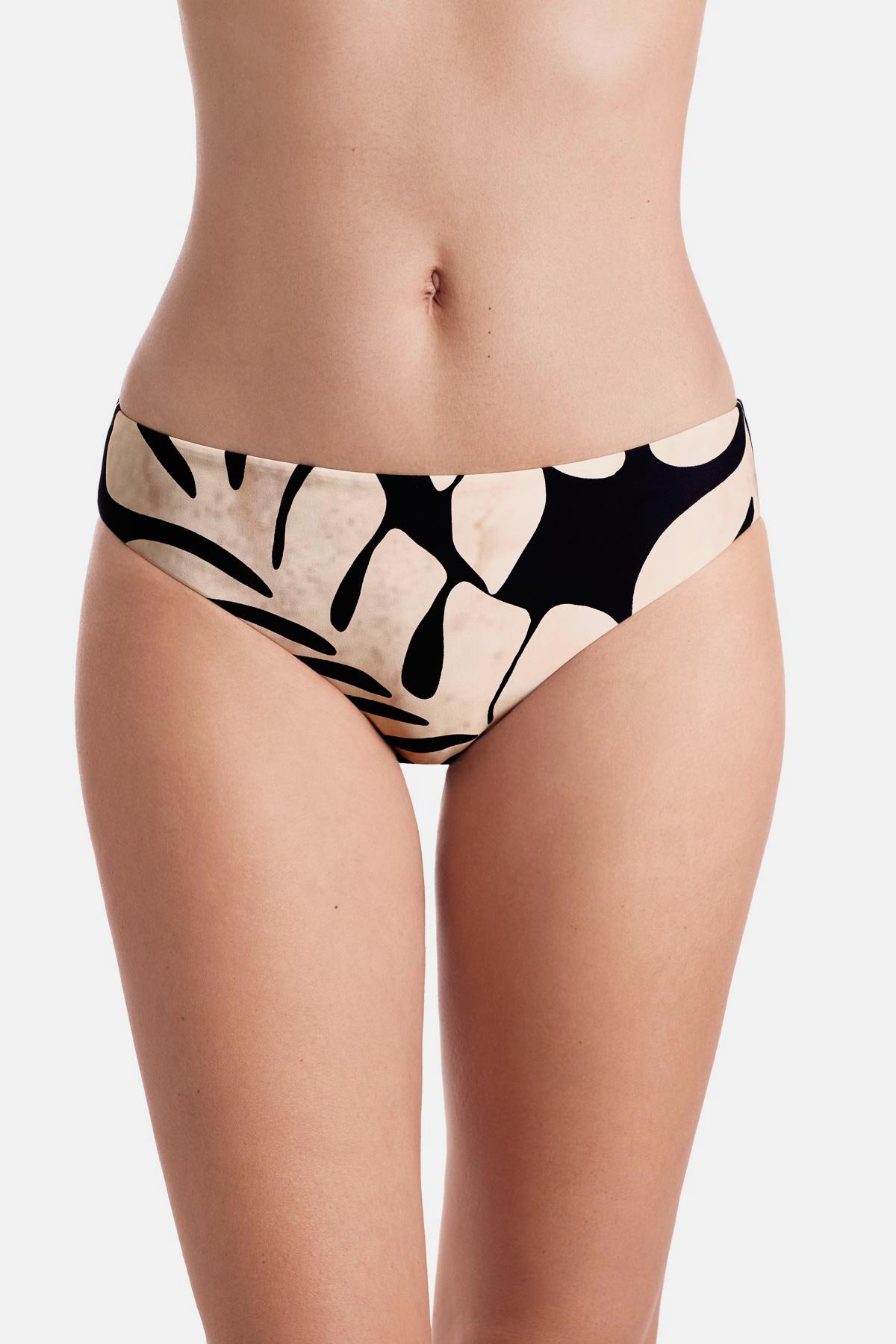 Front of large black and tan palm leaf printed swim bottoms