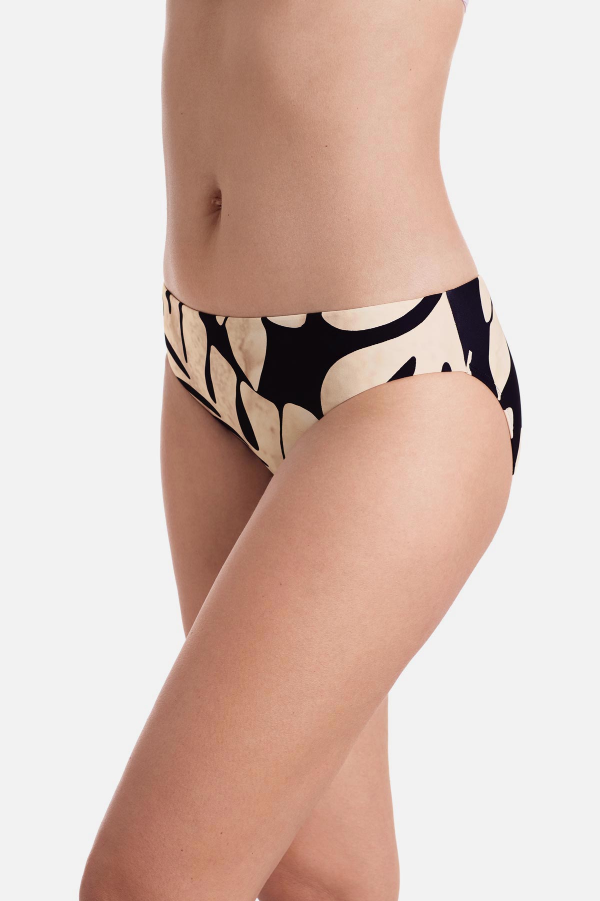 Side of large black and tan palm leaf printed swim bottoms