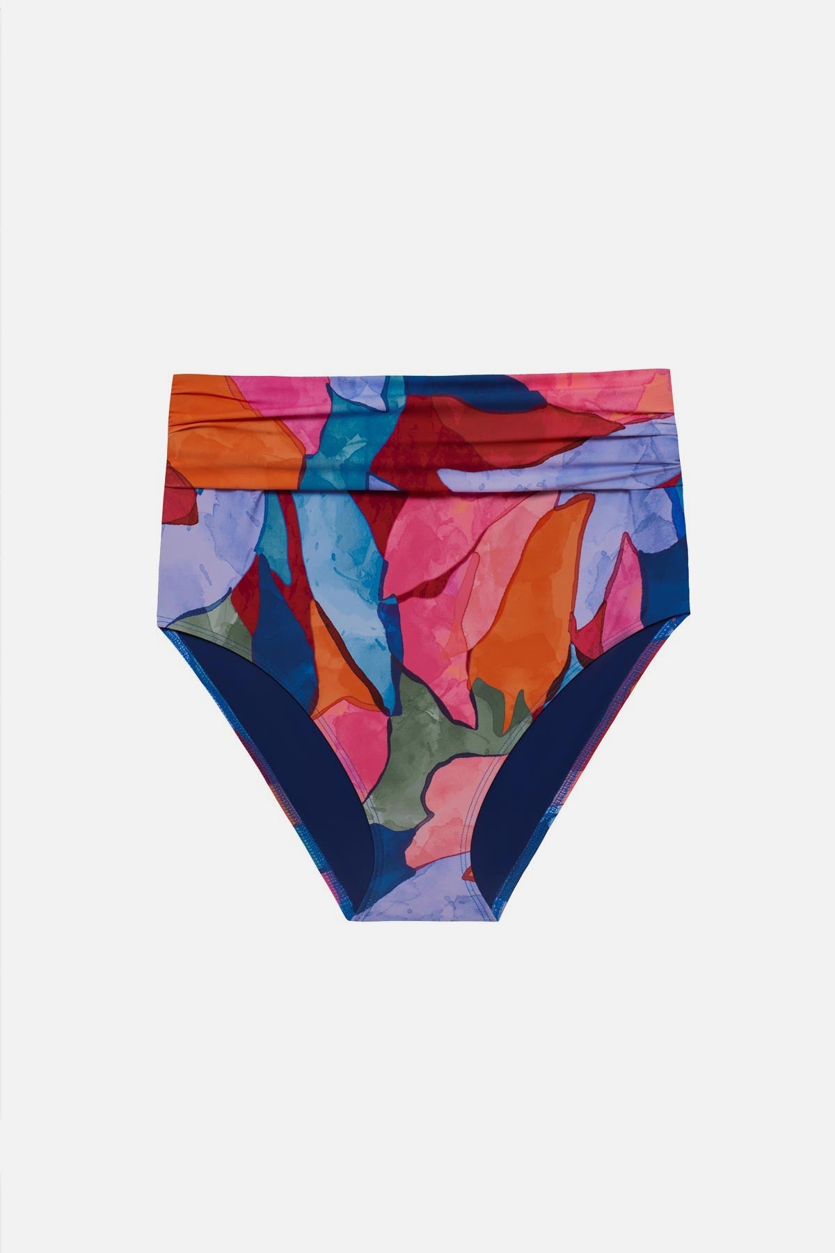 High waisted multicolored abstract printed swim bottoms