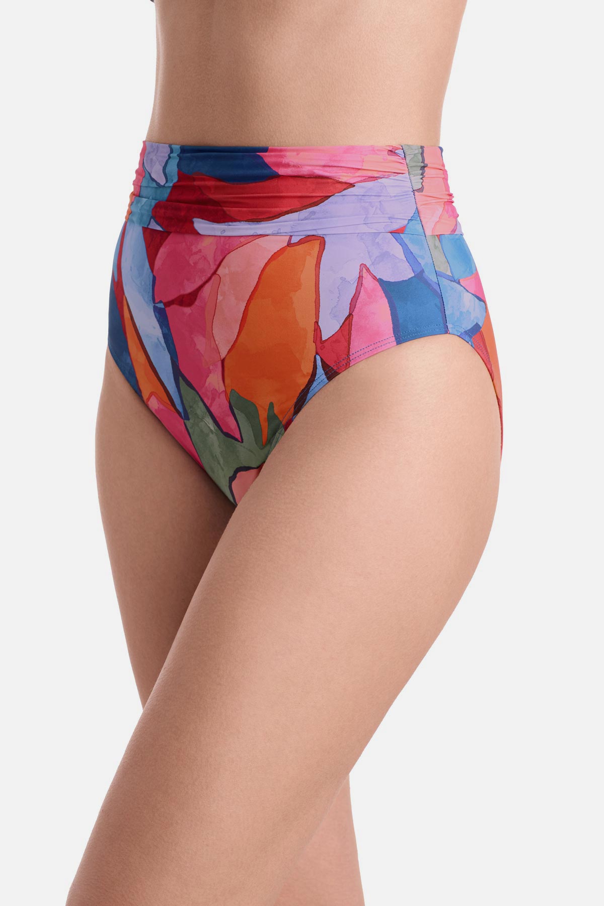 Side view of high waisted multicolored abstract printed swim bottoms