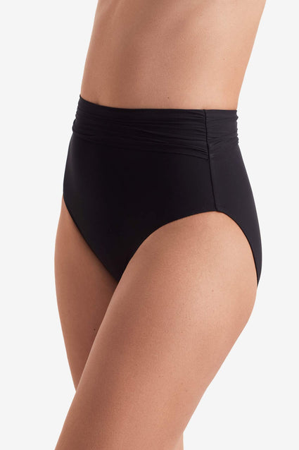 Side of black high waisted swim bottoms