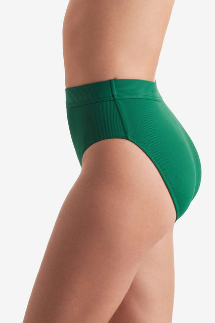 Side of high-waisted green rib fabric swim bottoms