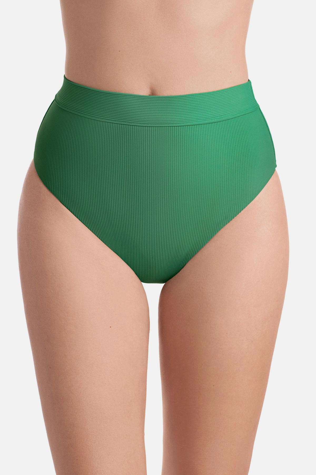 Front view of green ribbed high waisted swim bottoms