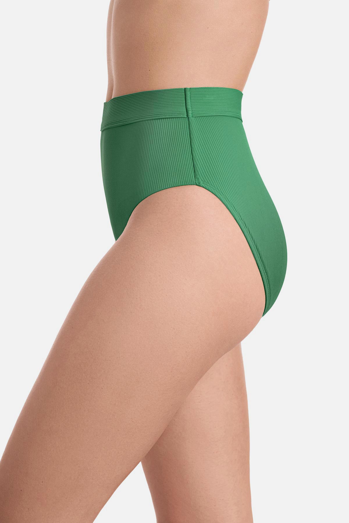 Side view of green ribbed high waisted swim bottoms