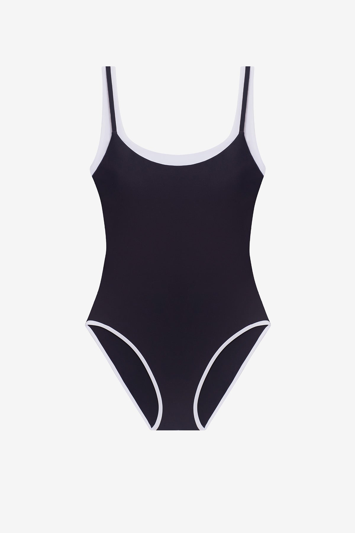 Black one-piece swimsuit with white trim