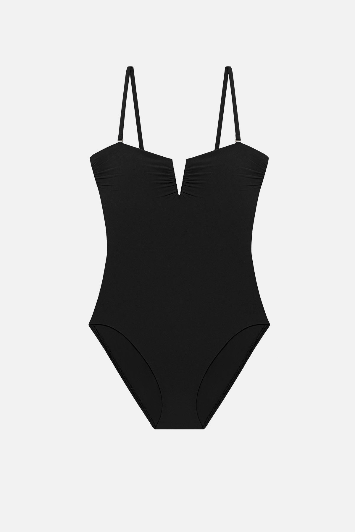 Black one-piece swimsuit with a sweetheart neckline