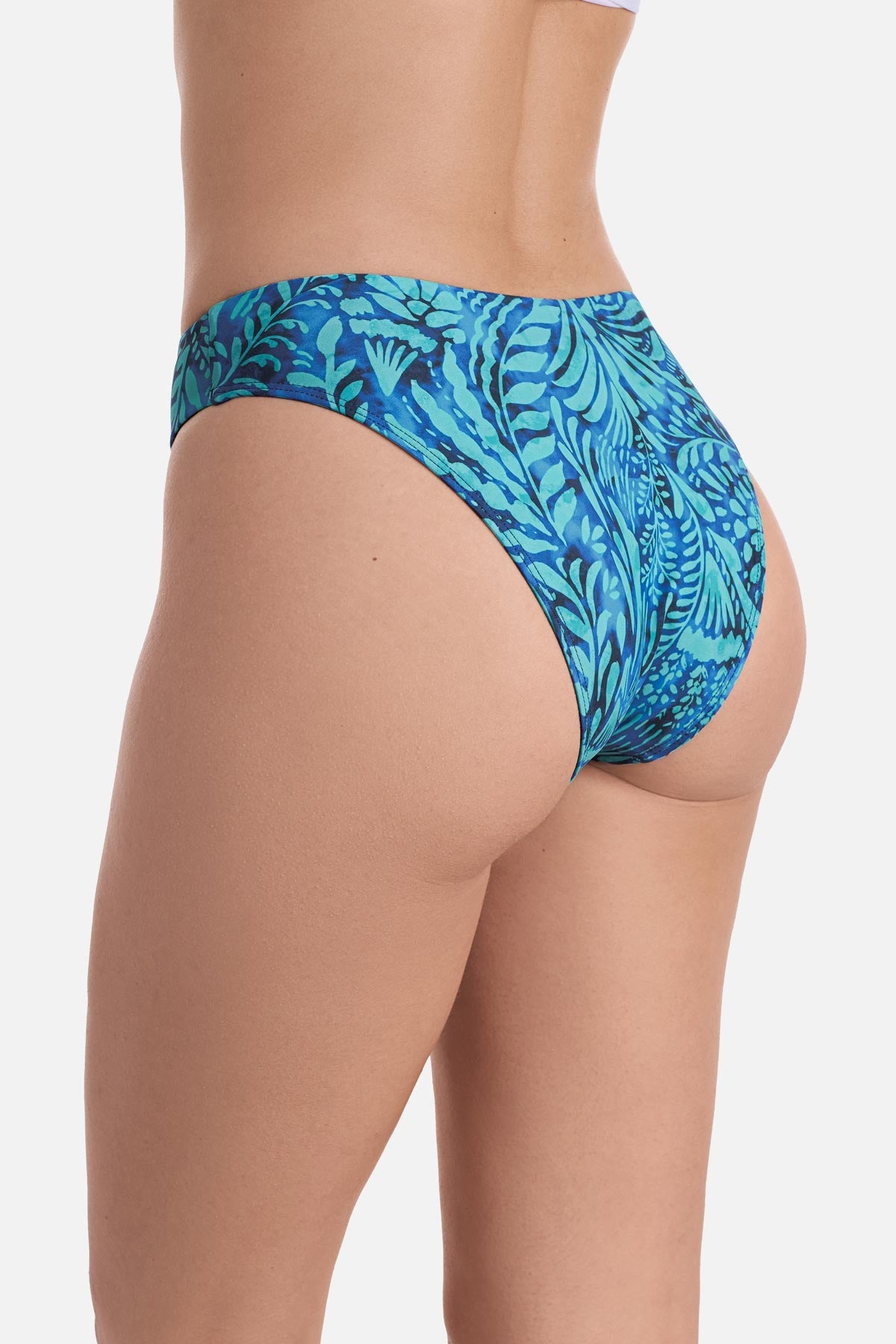 Back view of abstract blue printed swim bottoms