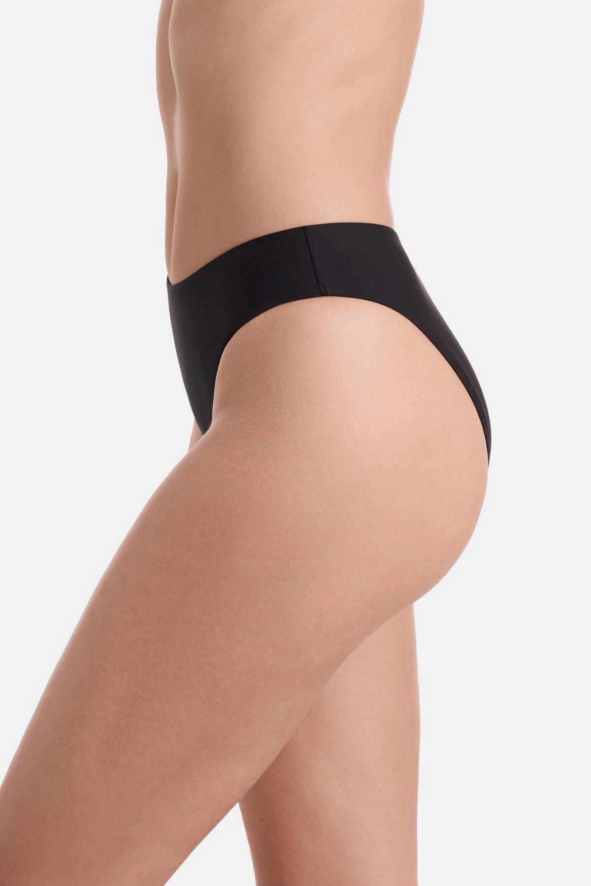 Side view of black swim bottoms