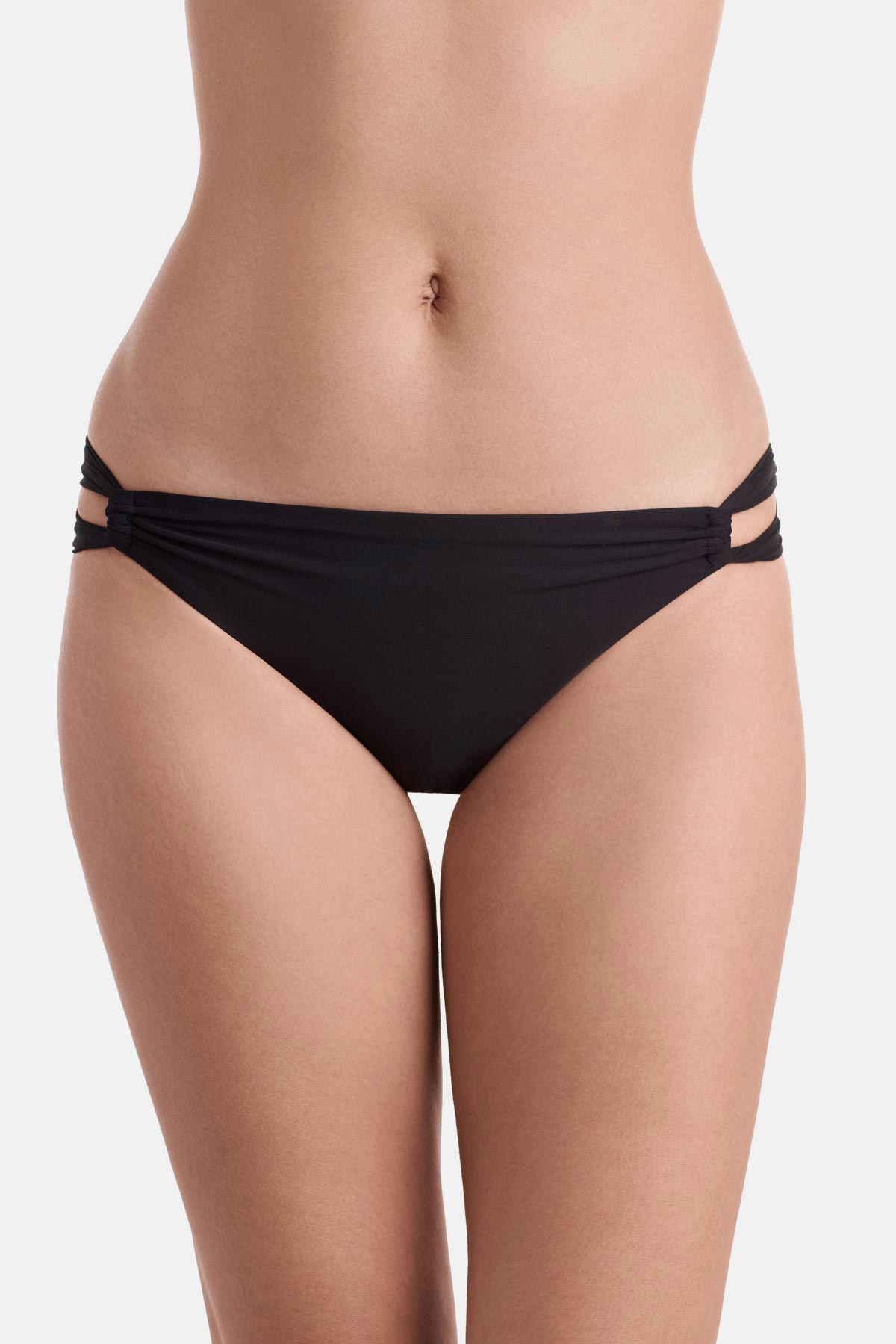 Front view of side cut out black swim bottoms