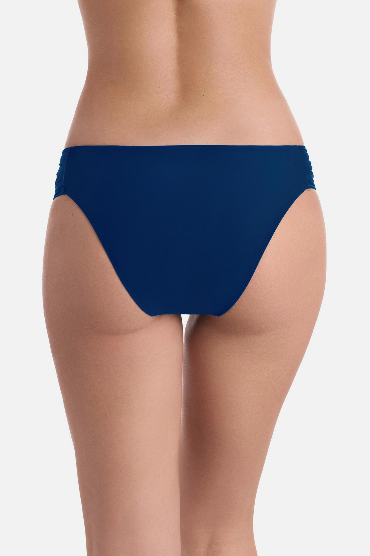 Back view of dark blue side cutout swim bottoms