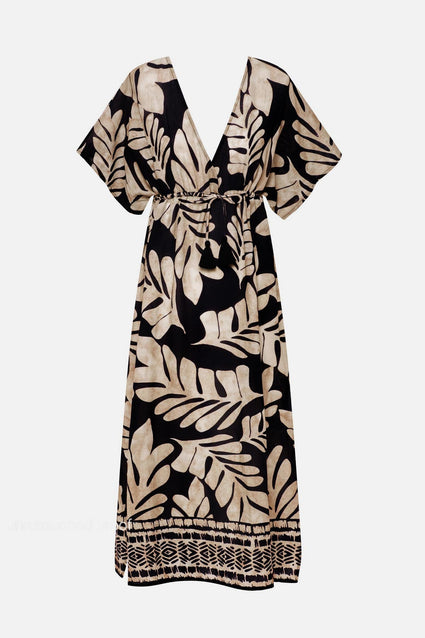 Black and tan palm leaf printed swim dress cover up