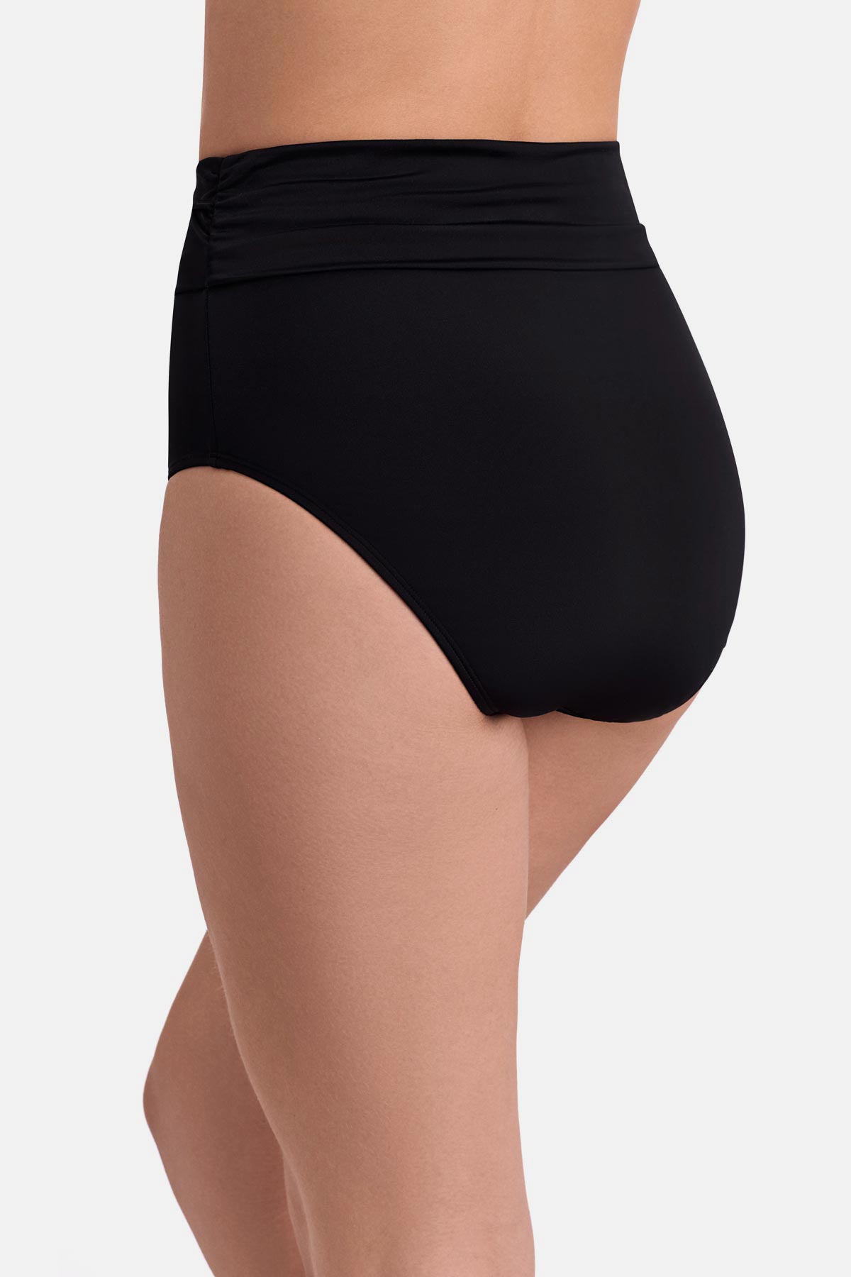 Back view of black high waisted swim bottoms