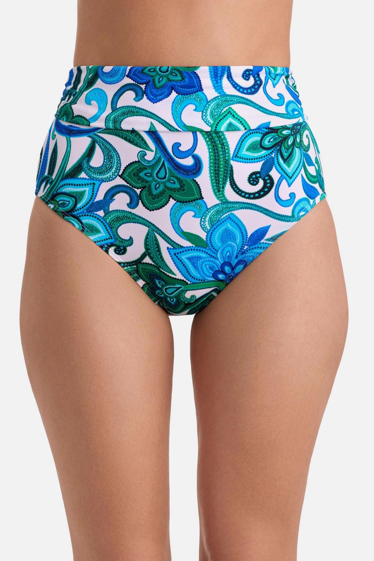 Front view of blue and green floral printed high waisted swim bottoms