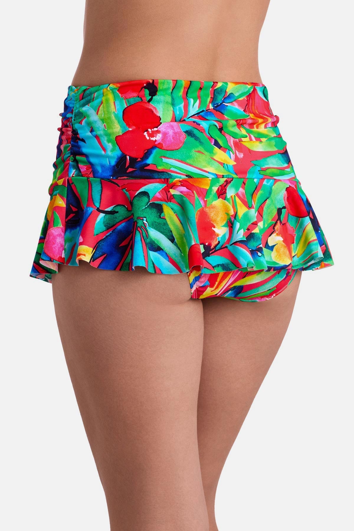 Back view of multicolored palm leaf printed skirted swim bottoms