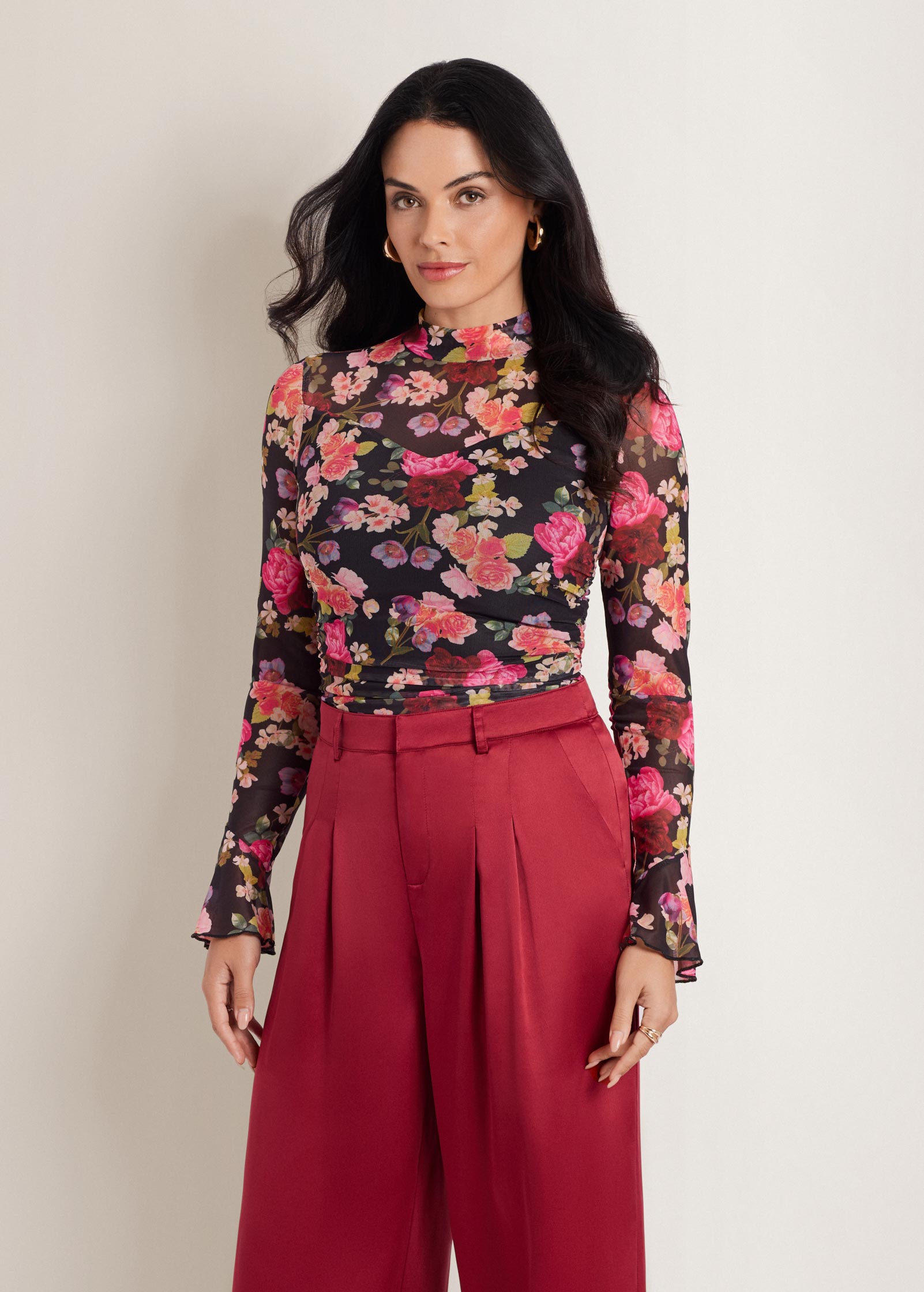Venus Ruched Mesh Mock Neck Top Opera Small Bouquet – VENUS