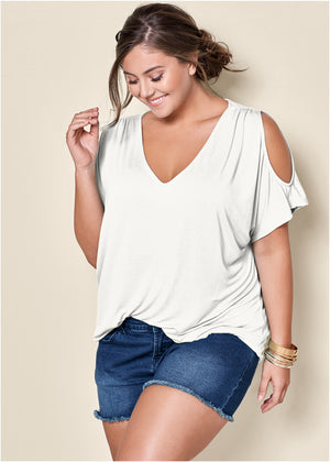 Cold-Shoulder V-Neck Top - White - thumbnail-10