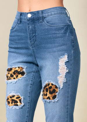 Leopard Cuffed Jeans - Light Wash - thumbnail-5