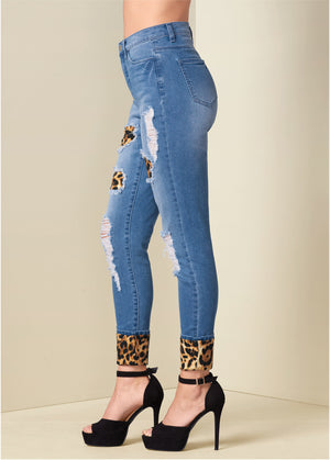 Leopard Cuffed Jeans - Light Wash - thumbnail-4