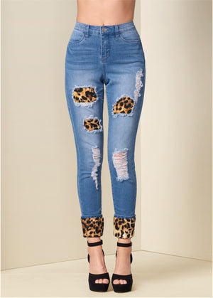 Leopard Cuffed Jeans - Light Wash - thumbnail-2