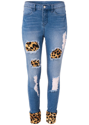 Leopard Cuffed Jeans - Light Wash - thumbnail-7