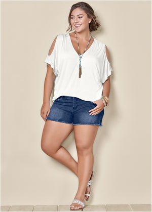 Cold-Shoulder V-Neck Top - White - thumbnail-12