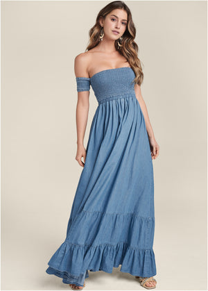 Off-The-Shoulder Maxi Dress - Medium Wash - thumbnail-1