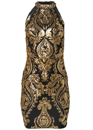 Embroidered Sequin Mini Dress - Black & Gold - thumbnail-5