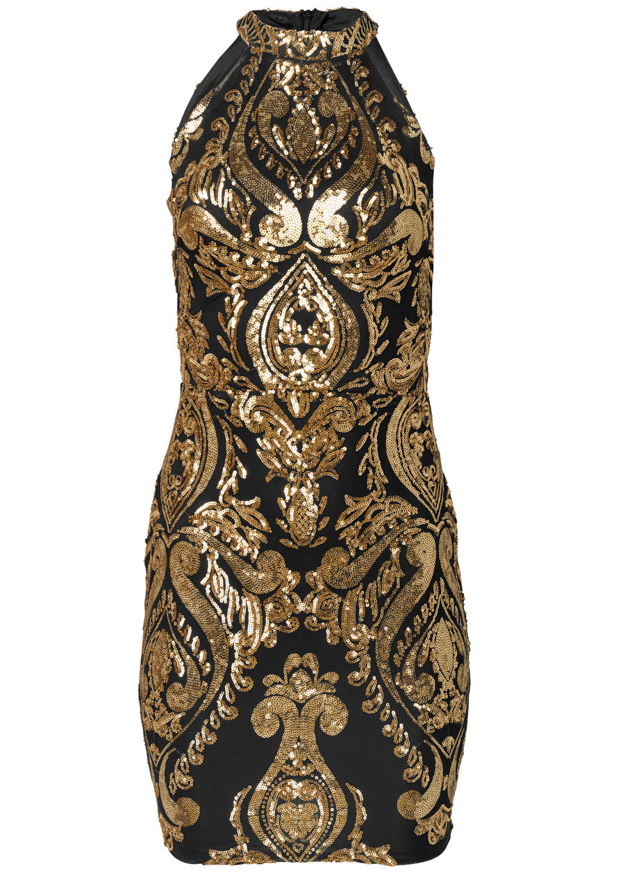 Embroidered Sequin Mini Dress - Black & Gold