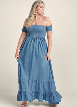 Off-The-Shoulder Maxi Dress - Medium Wash - thumbnail-7