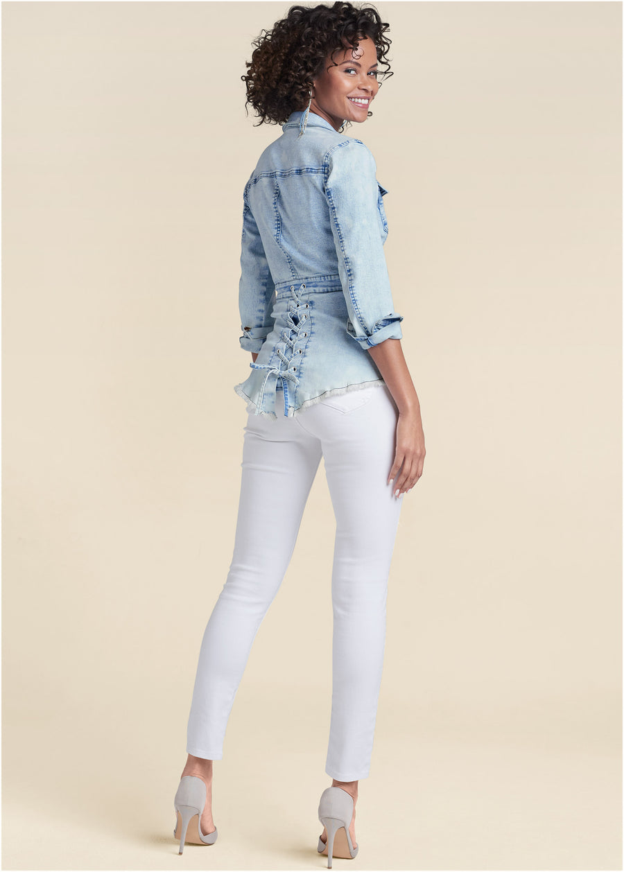 Lace-Up Back Denim Top - Denim Multi