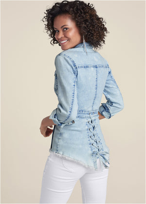 Lace-Up Back Denim Top - Denim Multi - thumbnail-2