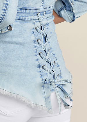 Lace-Up Back Denim Top - Denim Multi - thumbnail-6