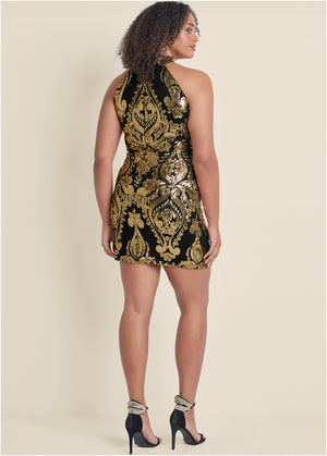 Embroidered Sequin Mini Dress - Black & Gold - thumbnail-7