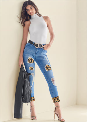 Leopard Cuffed Jeans - Light Wash - thumbnail-1