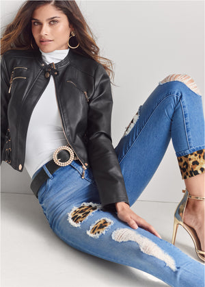 Leopard Cuffed Jeans - Light Wash - thumbnail-10