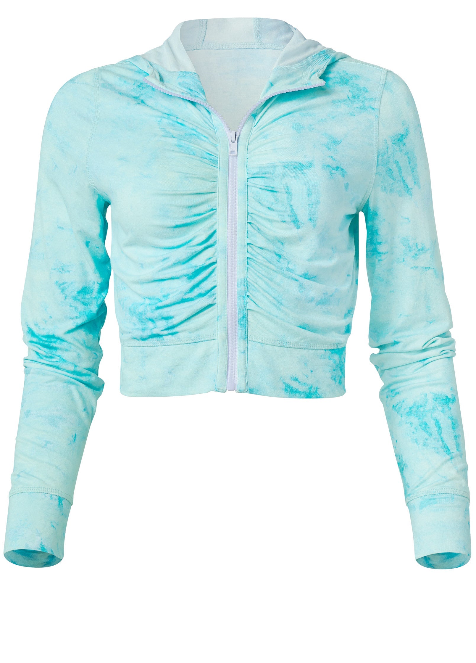 Zip-Front Ruched Hoodie - Aqua Reef & Pearl White – Venus Fashion