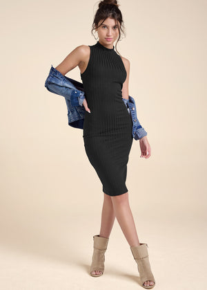 Denim jacket over black midi dress casual business casual outfit