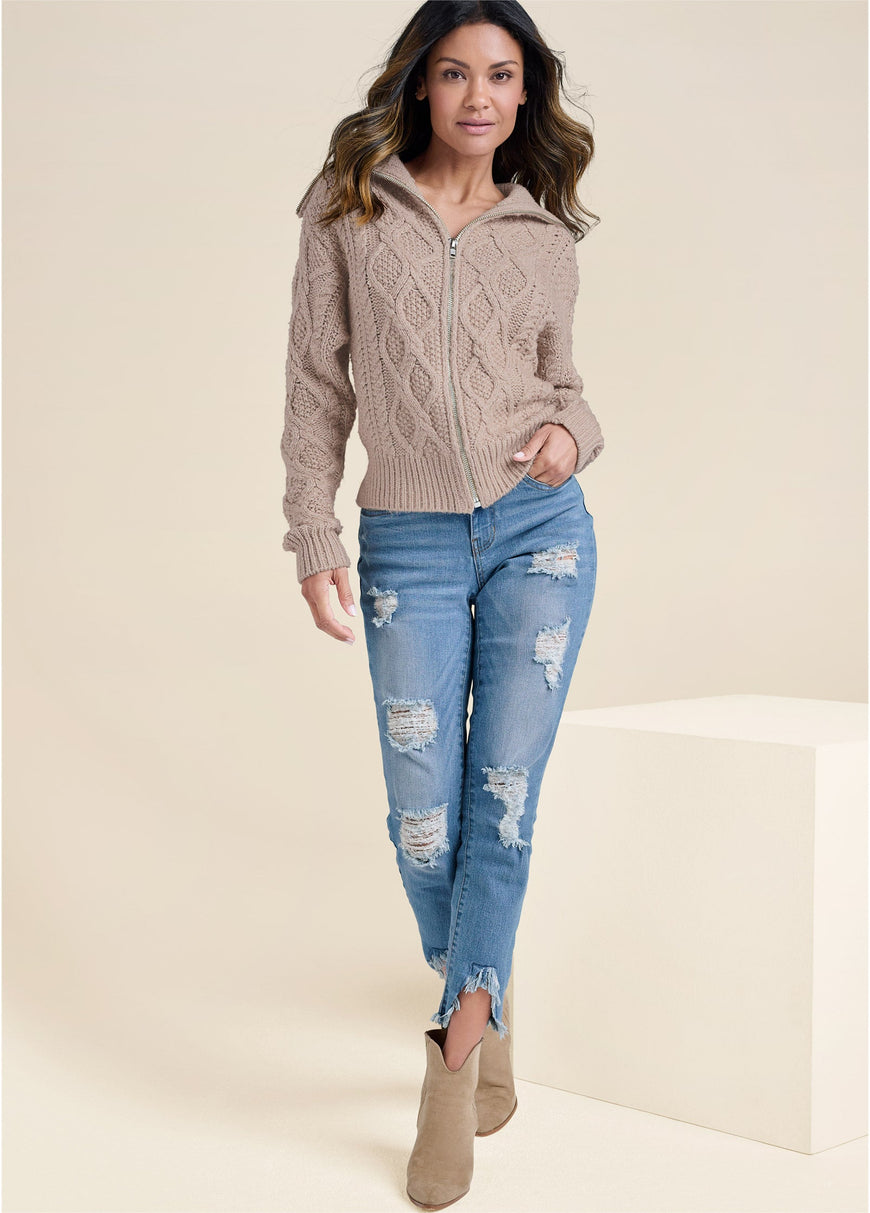 Knit Zip Sweater - Taupe – VENUS