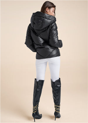 Faux Leather Puffer Jacket - Black - thumbnail-3