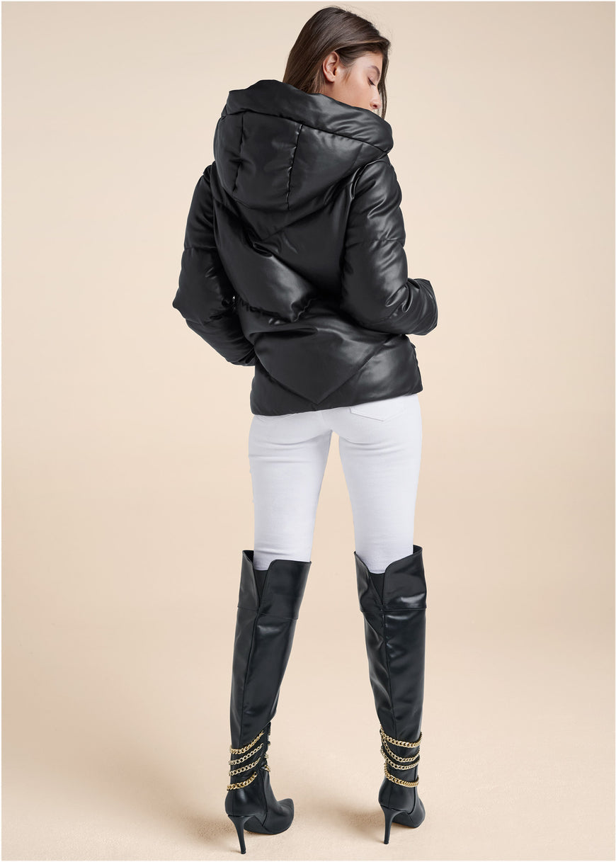 Faux Leather Puffer Jacket - Black