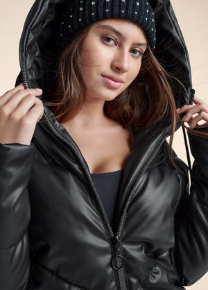 Faux Leather Puffer Jacket - Black - thumbnail-4