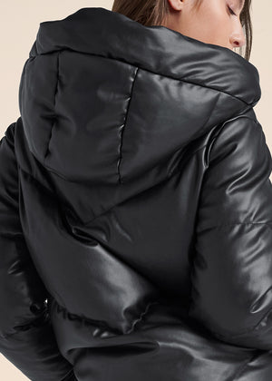 Faux Leather Puffer Jacket - Black - thumbnail-5