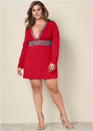 Plunging Embellished Dress - Red - thumbnail-5